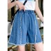 Modern Blue Elastic Waist Patchwork Tassel Cotton Denim Hot Pants Summer